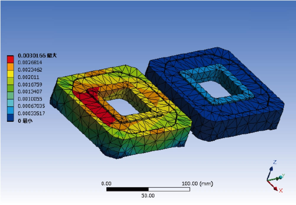 FEM analysis comparison examples of thermal strain between aluminum alloy and Super Invar in an "XY-axis stage with opening."